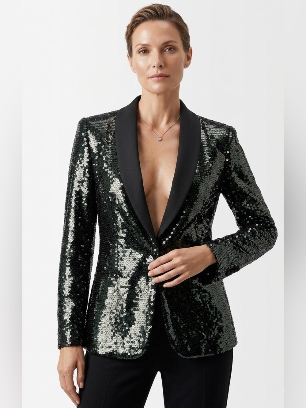 Karl Lagerfeld Dark black  Sequin Blazer with Black Satin Shawl Collar